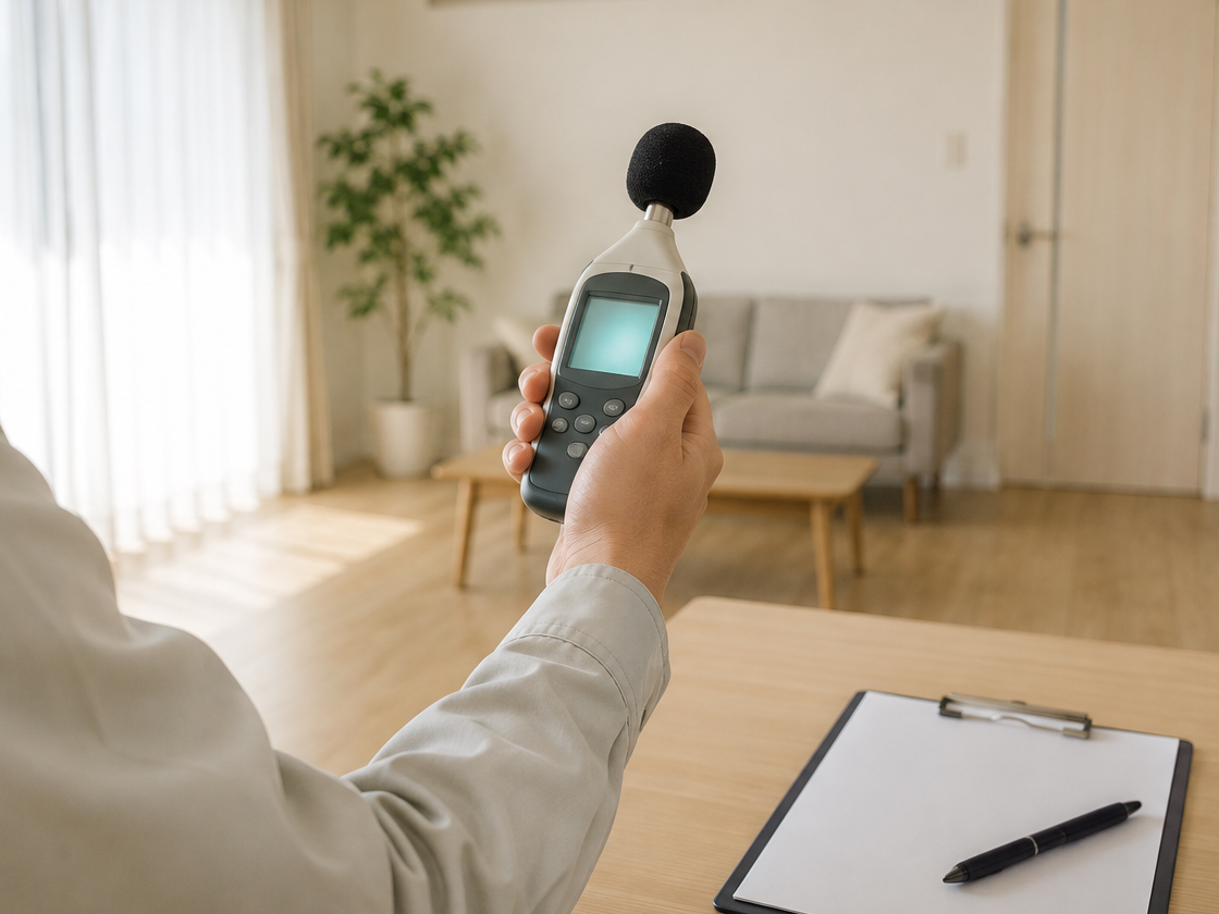 騒音計を使って室内の騒音を計測する管理担当者